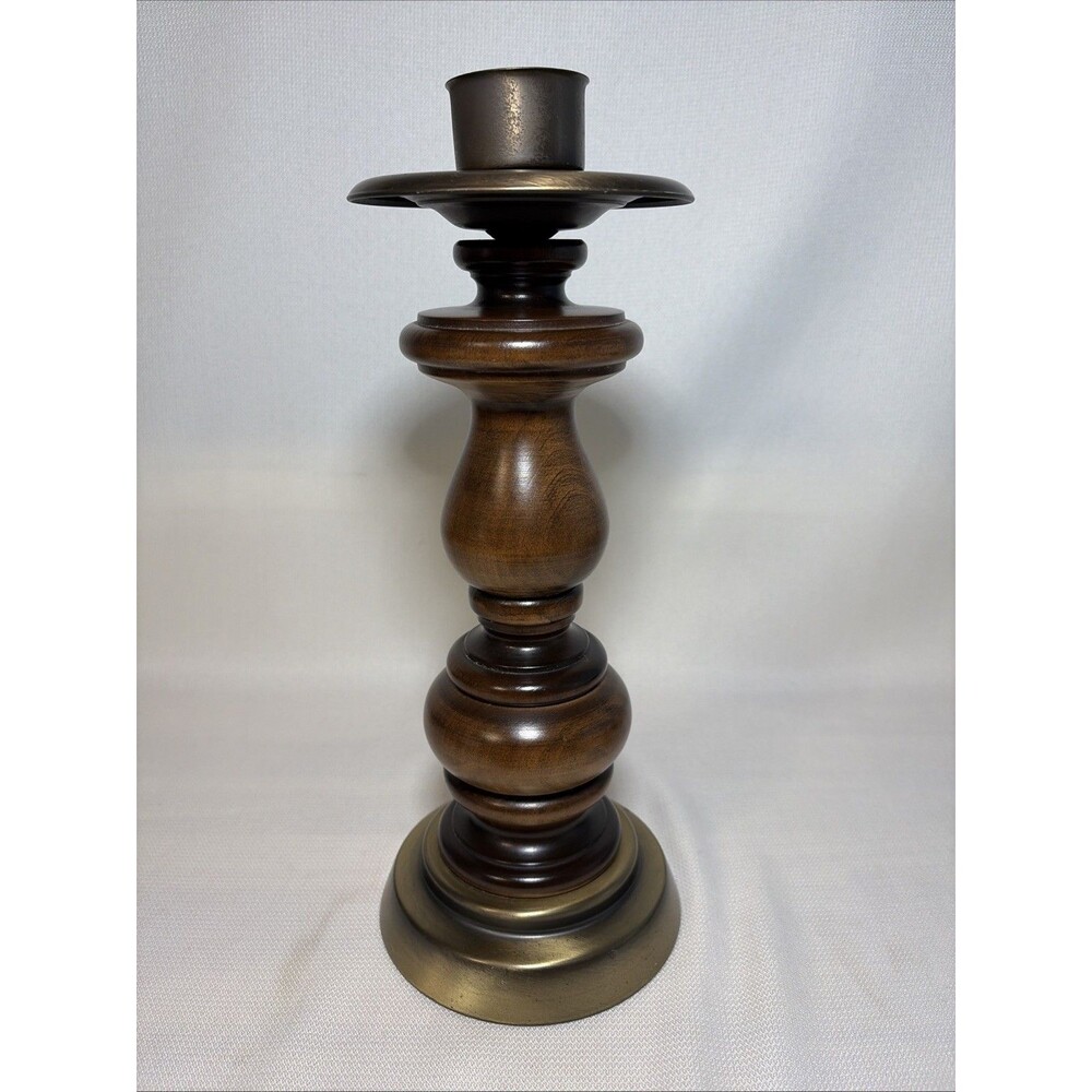 Vintage Wood & Brass Candlestick 14”
